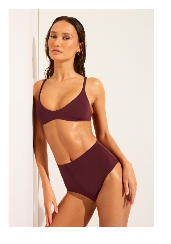 Featuring the Swim Scoop Top and High Waist Bottom in Garnet.