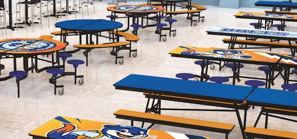 School cafeteria with tables and seating
