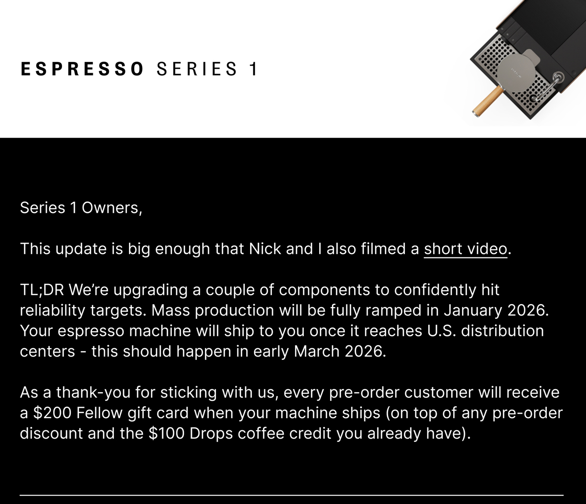 Espresso Series 1 Update. This update is big enough that Nick and I also filmed a short video.