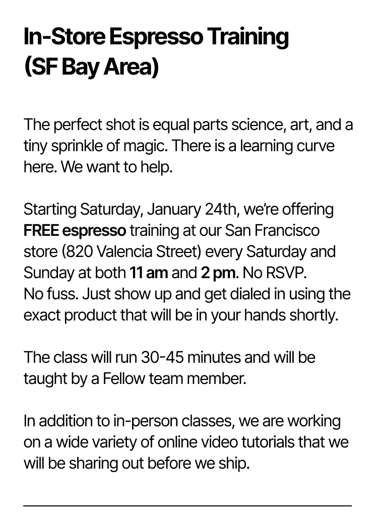 In-store espresso training in SF Bay area