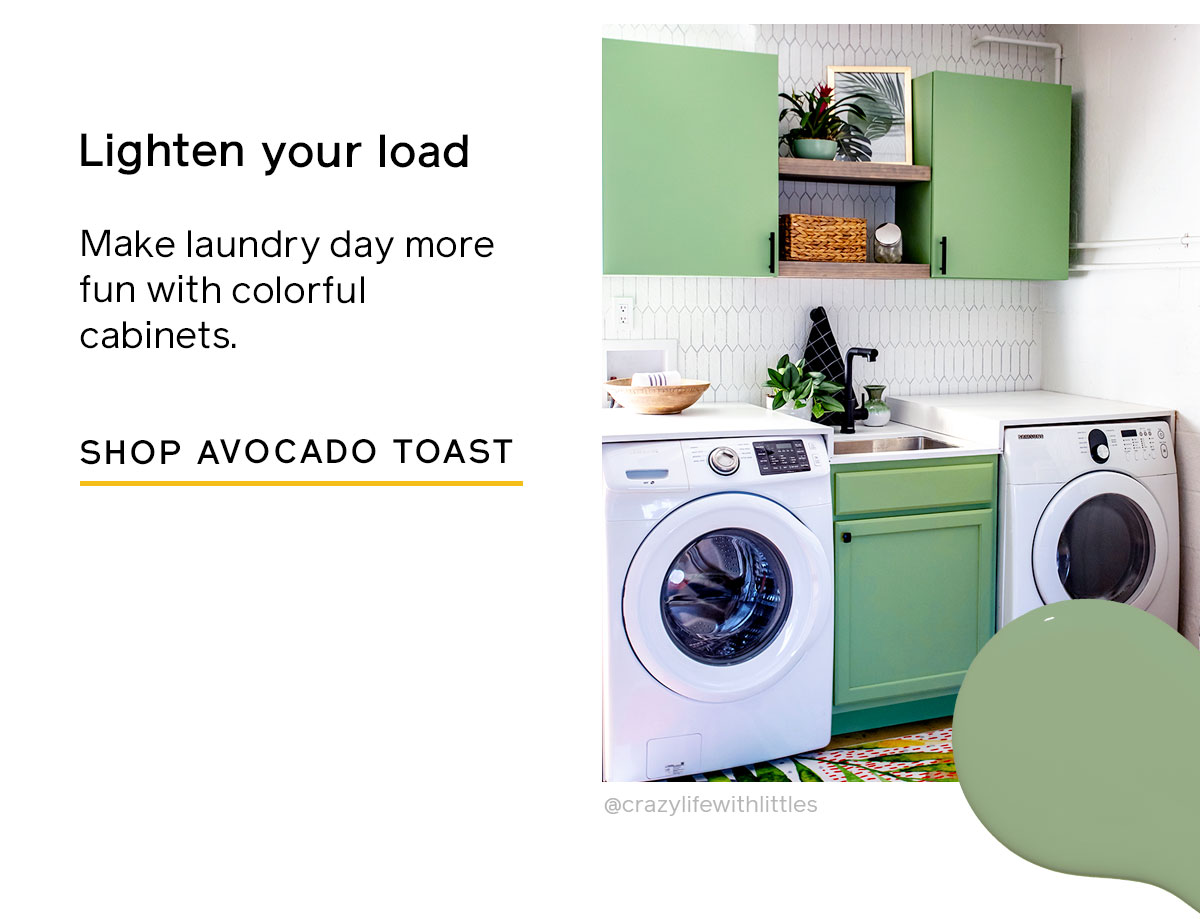 Make laundry day more fun with colorful cabinets in Avocado Toast.