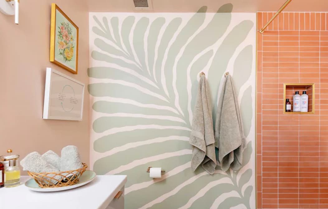 Bathroom featuring mural painted in Wing It and Dirty Martini