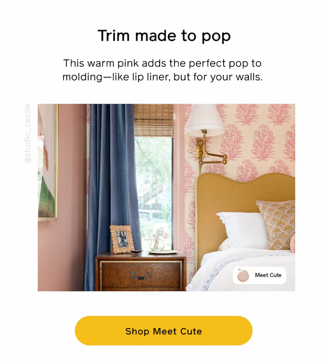 Trim made to pop. This warm pink adds the perfect pop to molding—like lip lines, but for your walls. Shop Meet Cute Trim made to pop. This warm pink adds the perfect pop to molding—like lip lines, but for your walls. Shop Meet Cute