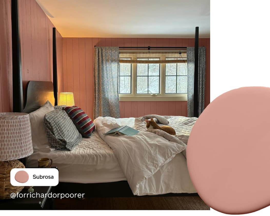 Bedroom featuring dusty pink paint color Subrosa