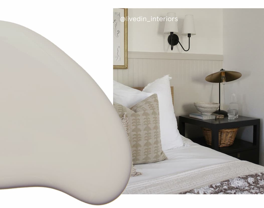 Beadboard painted Beigeing behind bed