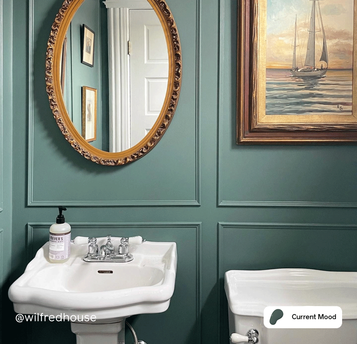 Bathroom featuring moody green paint color Current Mood