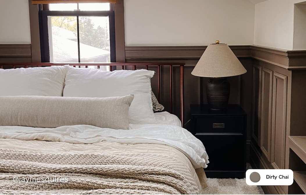 Bedroom trim and beadboard painted in Dirty Chai