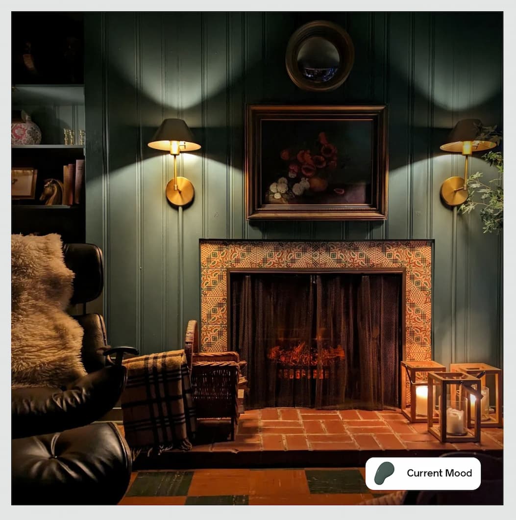 Cozy living room/den painted in deep moody green paint Current Mood