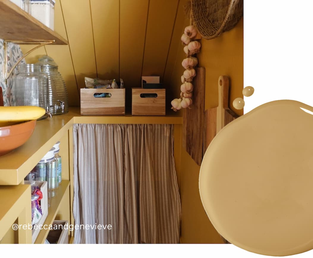 Walk-in pantry featuring golden yellow paint color Good as Gold