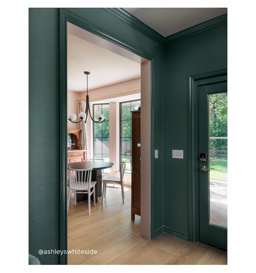 Threshold featuring Current Mood on trim and walls in hallway and Wing It in dining room Threshold featuring Current Mood on trim and walls in hallway and Wing It in dining room