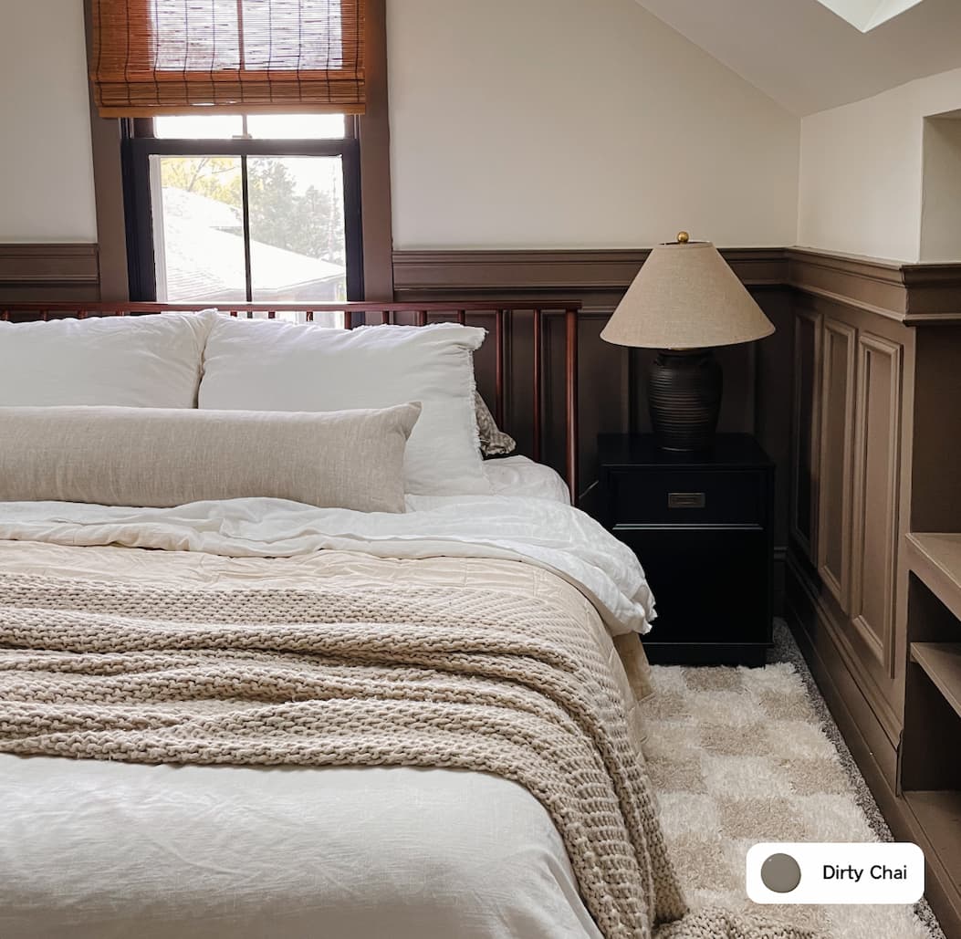 Bedroom trim and beadboard painted in Dirty Chai