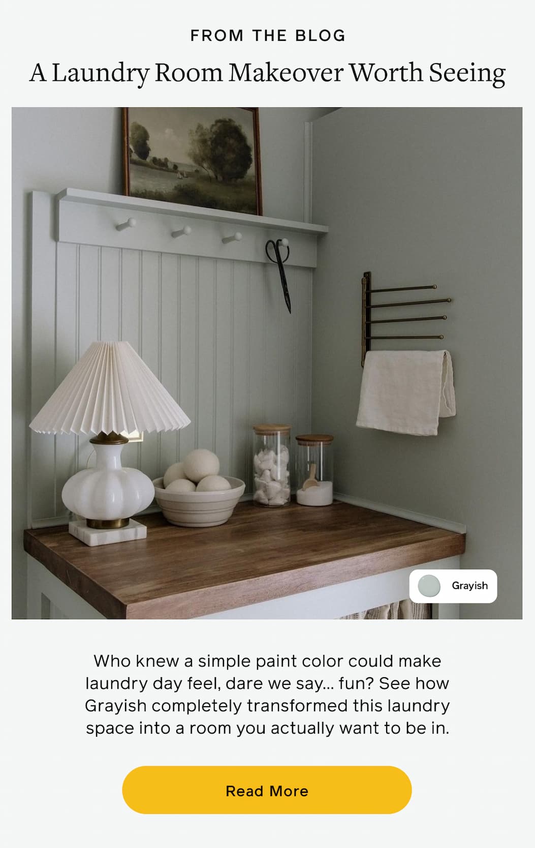 FROM THE BLO. A Laundry Room Makeover Worth Seeing. Who knew a simple paint color could make laundry day feel, dare we say... fun? See how Grayish completely transformed this laundry space into a room you actually want to be in. Read More