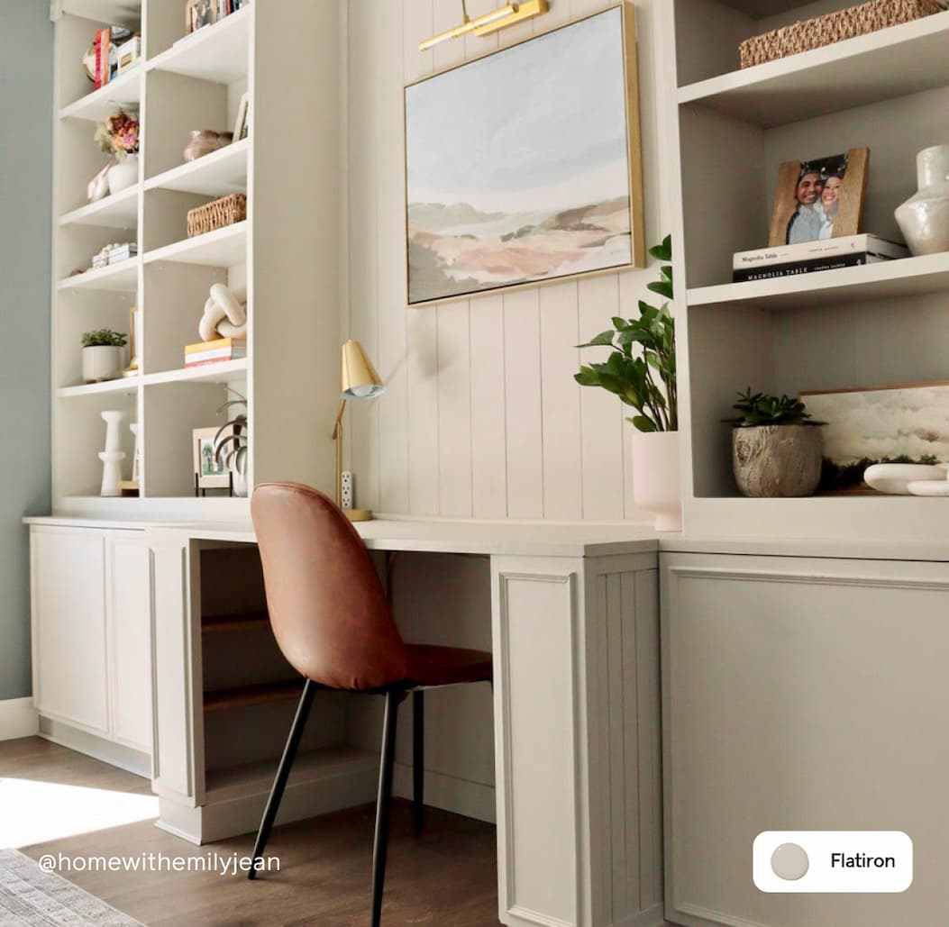 Home office painted in greige shade Flatiron