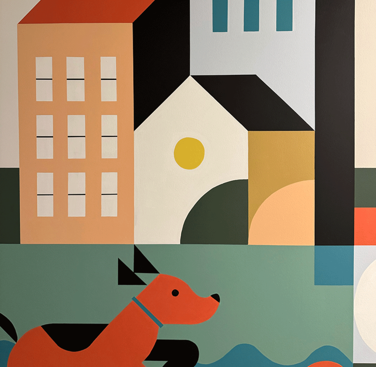 Colorful geometric hallway mural featuring stylized dogs, trees and a sunset, painted in a bold palette of teal, orange, gold and green tones along an apartment corridor wall.