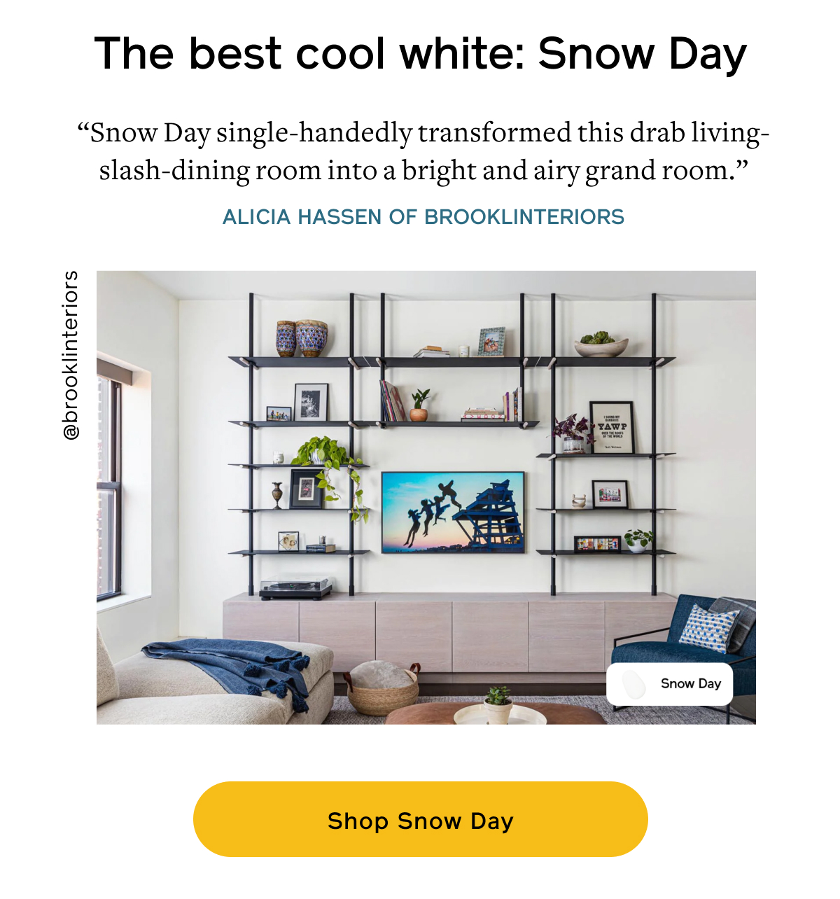 The Best Cool White: Snow Day “Snow Day single-handedly transformed this drab living-slash-dining room into a bright and airy grand room.” –Alicia Hassen of Brooklinteriors