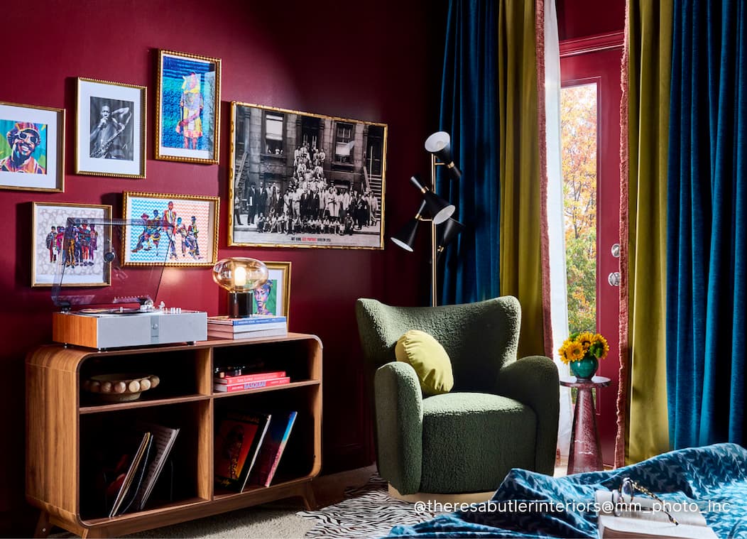Bedroom featuring deep maroon paint color Vintage Bedroom featuring deep maroon paint color Vintage