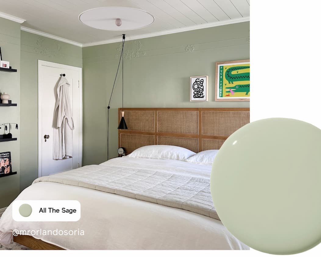 Bedroom featuring sage green paint color All The Sage