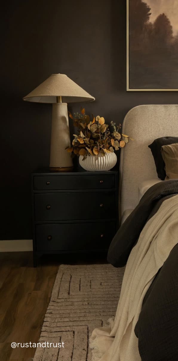 Bedroom featuring chocolate brown paint color Coffee Date