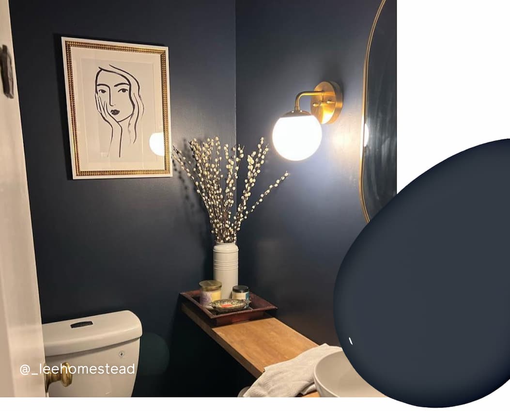 Small bathroom featuring midnight blue paint color Goodnight Moon