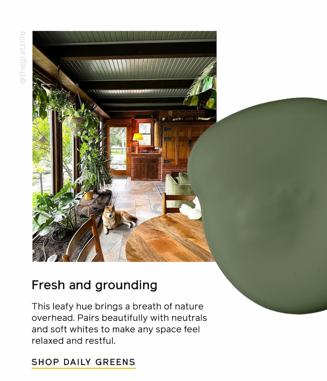 Fresh and grounding. This leafy hue brings a breath of nature overhead. Pairs beautifully with neutrals and soft whites to make any space feel relaxed and restful. SHOP DAILY GREENS Fresh and grounding. This leafy hue brings a breath of nature overhead. Pairs beautifully with neutrals and soft whites to make any space feel relaxed and restful. SHOP DAILY GREENS