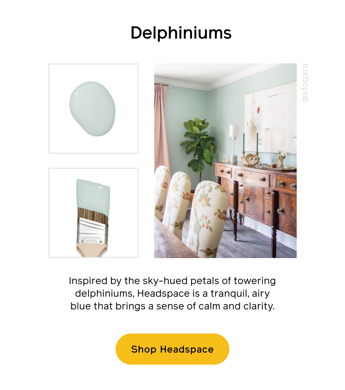 Delphiniums. Inspired by the sky-hued petals of towering delphiniums, Headspace is a tranquil, airy blue that brings a sense of calm and clarity. Shop Headspace