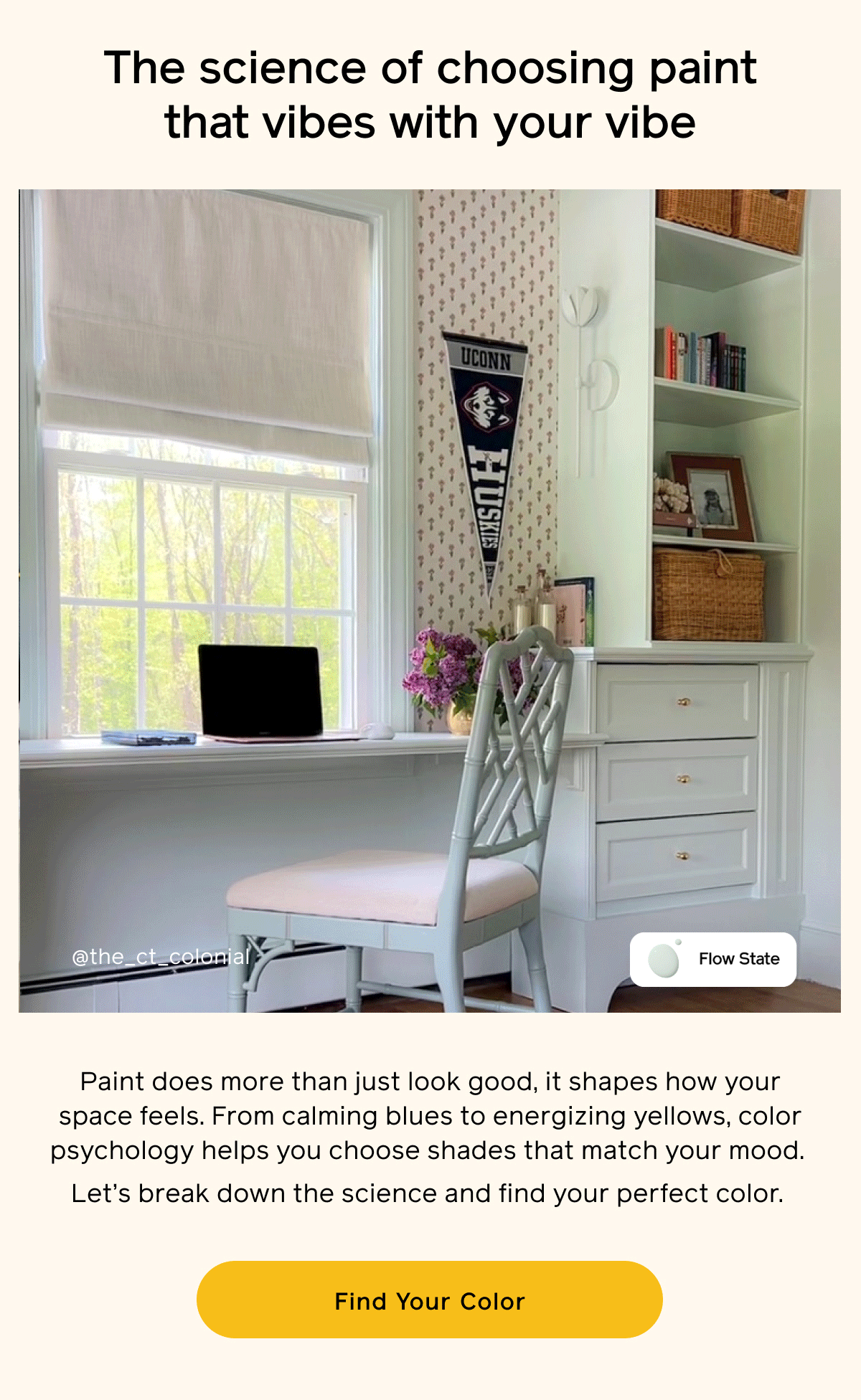 The science of choosing paint that vibes with your vibe. Paint does more than just look good, it shapes how your space feels. From calming blues to energizing yellows, color psychology helps you choose shades that match your mood. Let's break down the science and find your perfect color. Find Your Color