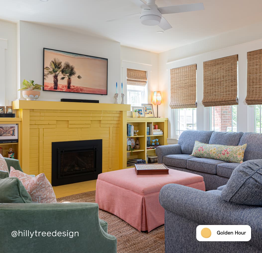 Living room featuring painted fireplace and built-ins in sunny yellow paint color Golden Hour