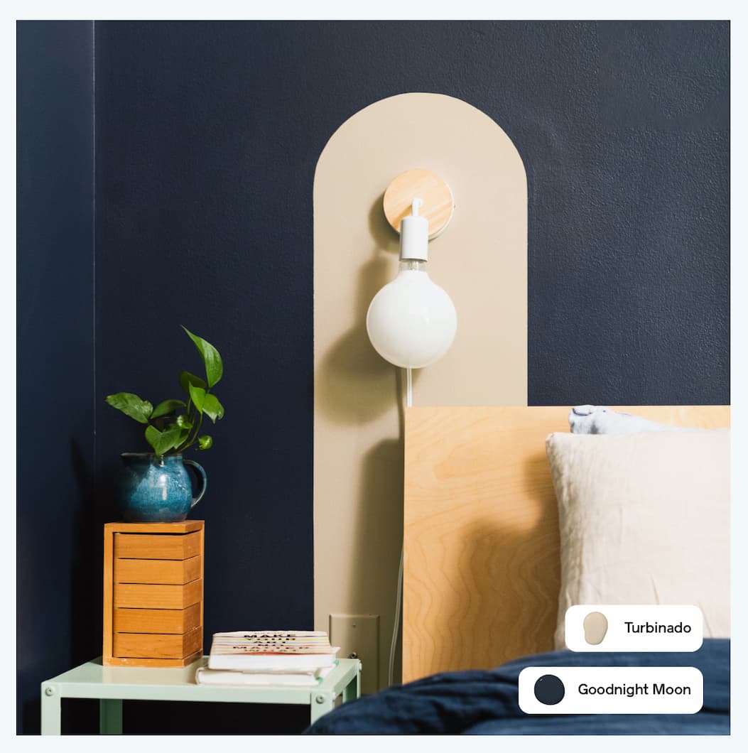 Bedroom mural behind bed featuring Goodnight Moon and Turbinado