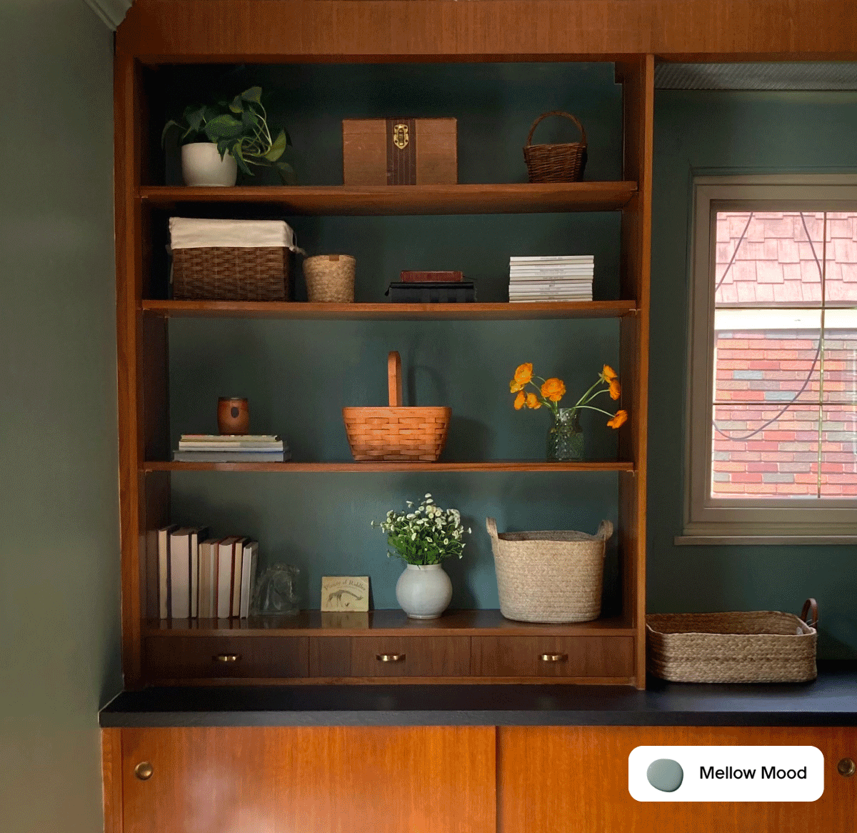 Gif of Clare painted bookshelves featuring Blackish, Mellow Mood and Beigeing