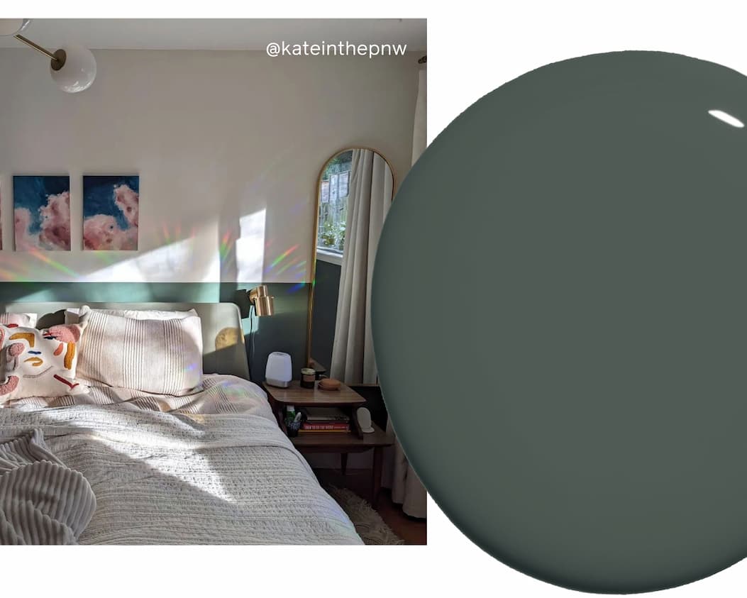 Half accent wall painted with Current Mood in bedroom