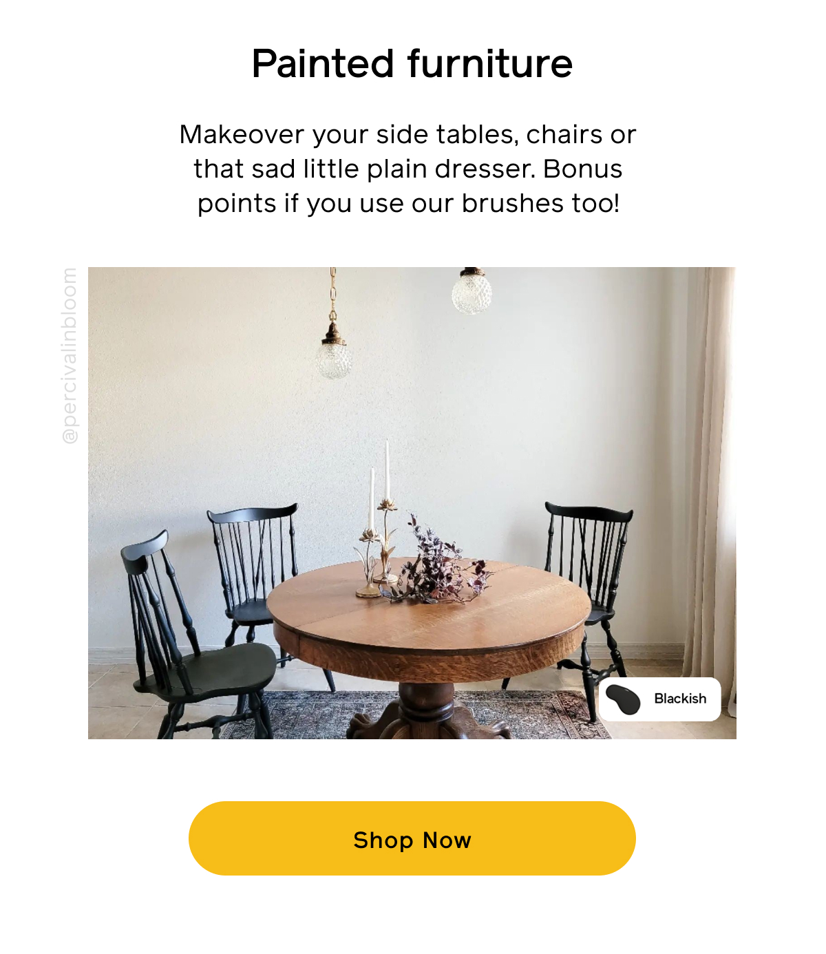 Painted furniture. Makeover your side tables, chairs or that sad little plain dresser. Bonus points if you use our brushes too! Shop Now