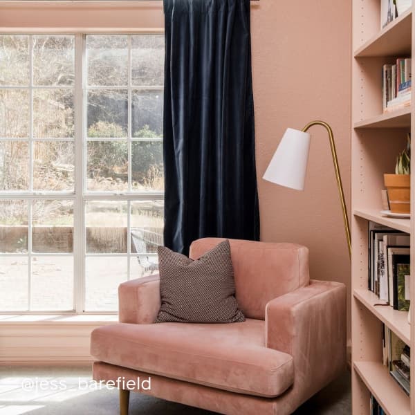 Reading nook featuring dusty rose paint color Meet Cute