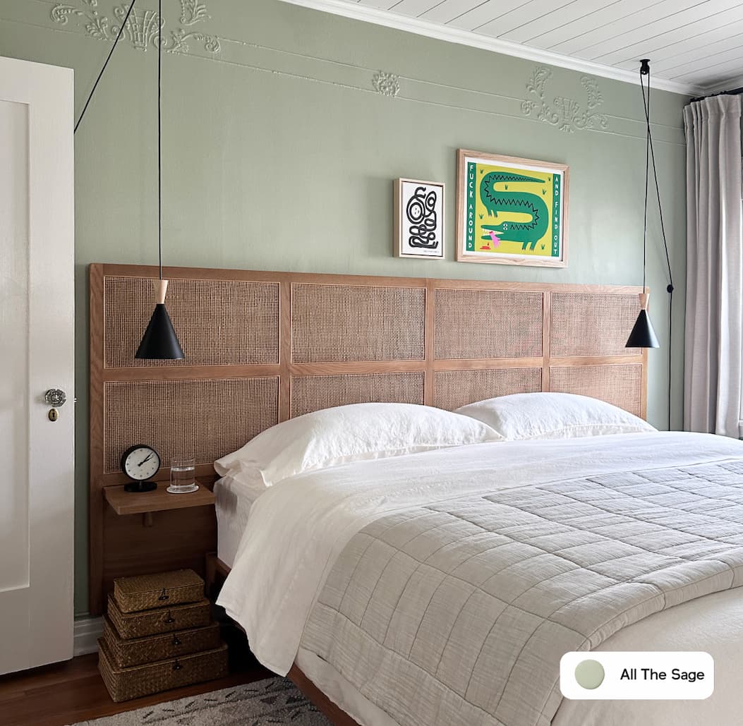 Bedroom featuring sage green paint color All The Sage