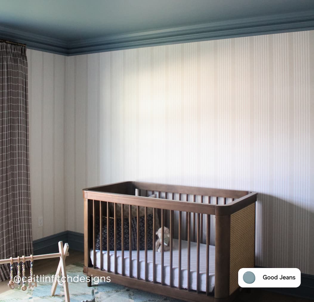 Nursery with painted ceiling featuring denim blue paint color Good Jeans