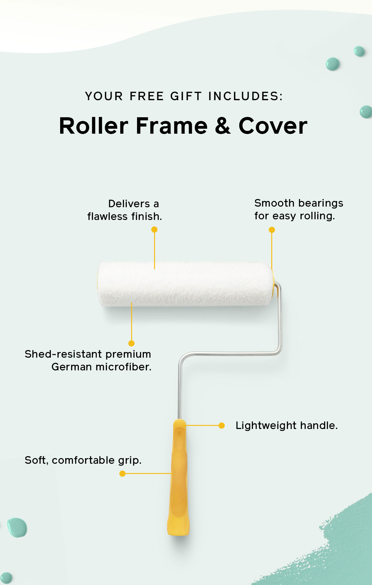 Your free gift includes: A roller frame and cover. 3/8'" nap delivers a flawless finish. Smooth bearings provide easy rolling. Shed-resistant premium German microfiber. Lightweight handle and soft, comfortable grip.