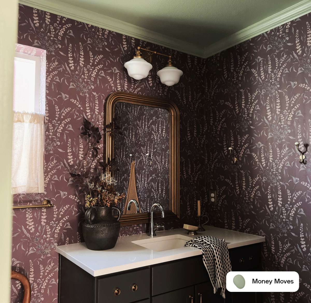 Before and after gif of bathroom featuring Money Moves on ceiling and trim