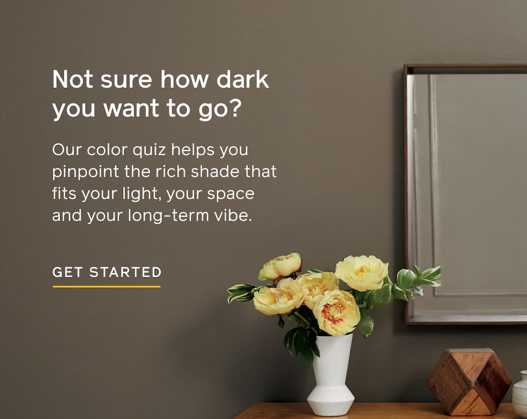 Not sure how dark you want to go? Our color quiz helps you pinpoint the rich shade that fits your light, your space and your long-term vibe. GET STARTED