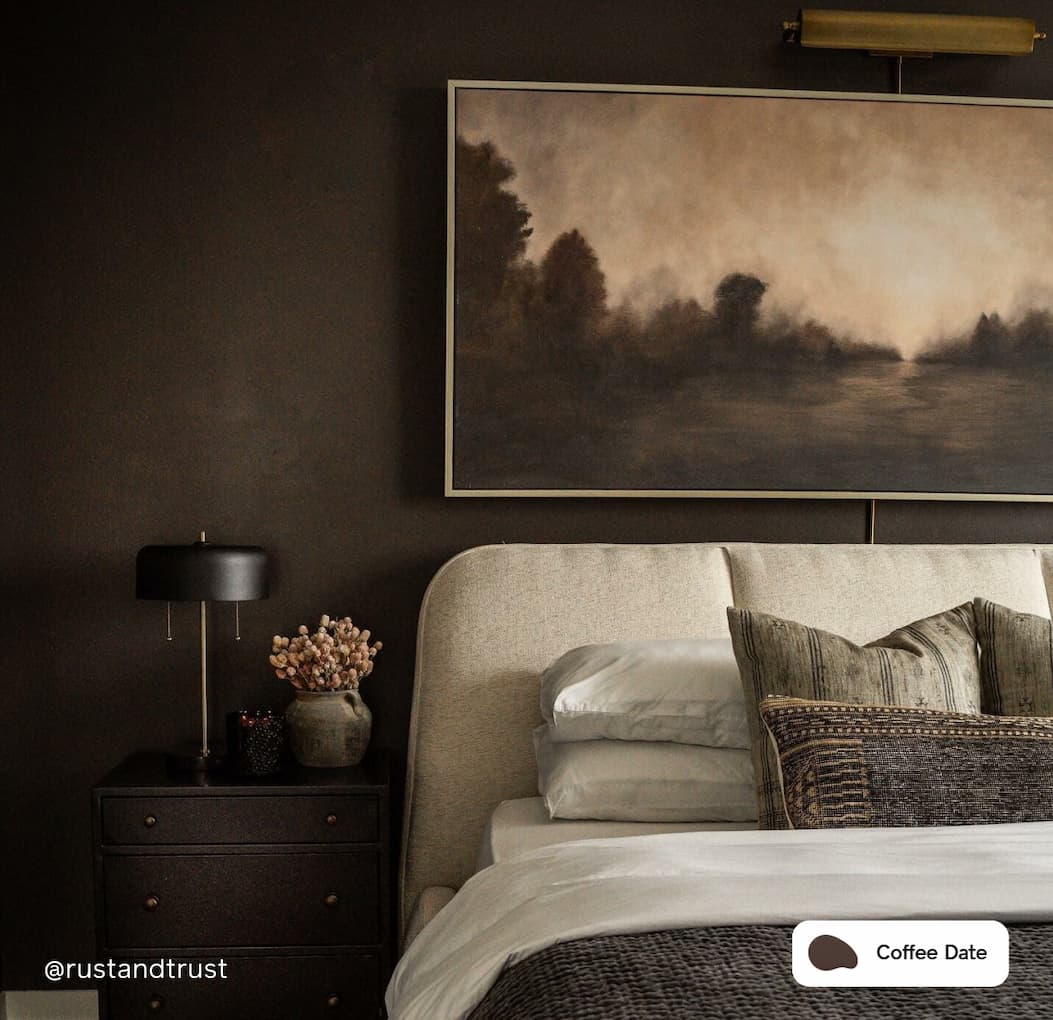 Bedroom painted in cozy chocolate brown Coffee Date Bedroom painted in cozy chocolate brown Coffee Date