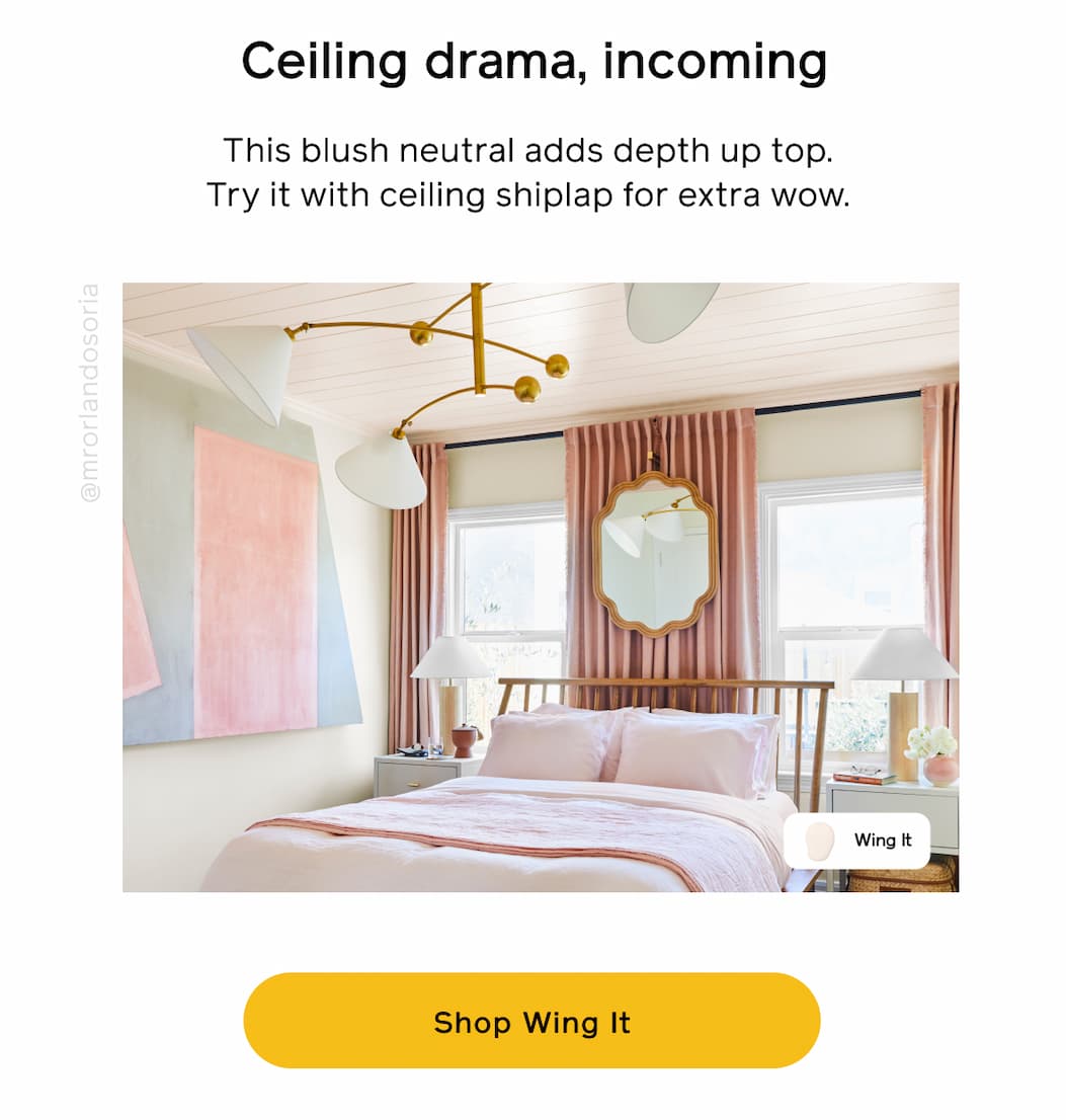 Ceiling drama, incoming. This blush neutral adds depth up top. Try it with ceiling shiplap for extra wow. Shop Wing It Ceiling drama, incoming. This blush neutral adds depth up top. Try it with ceiling shiplap for extra wow. Shop Wing It