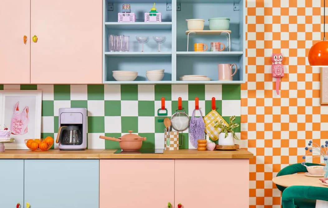 Kitchen featuring cabinets painted in Pop and Nairobi Blue