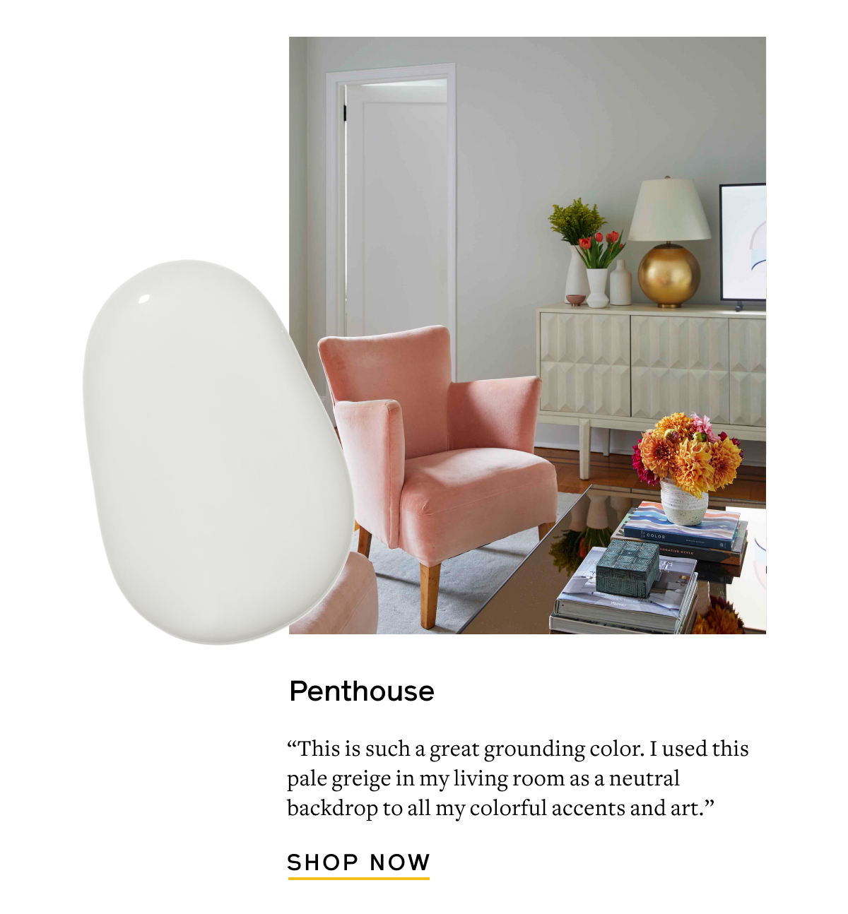 Penthouse “This is such a great grounding color. I used this pale greige in my living room as a neutral backdrop to all my colorful accents and art.” Shop Now