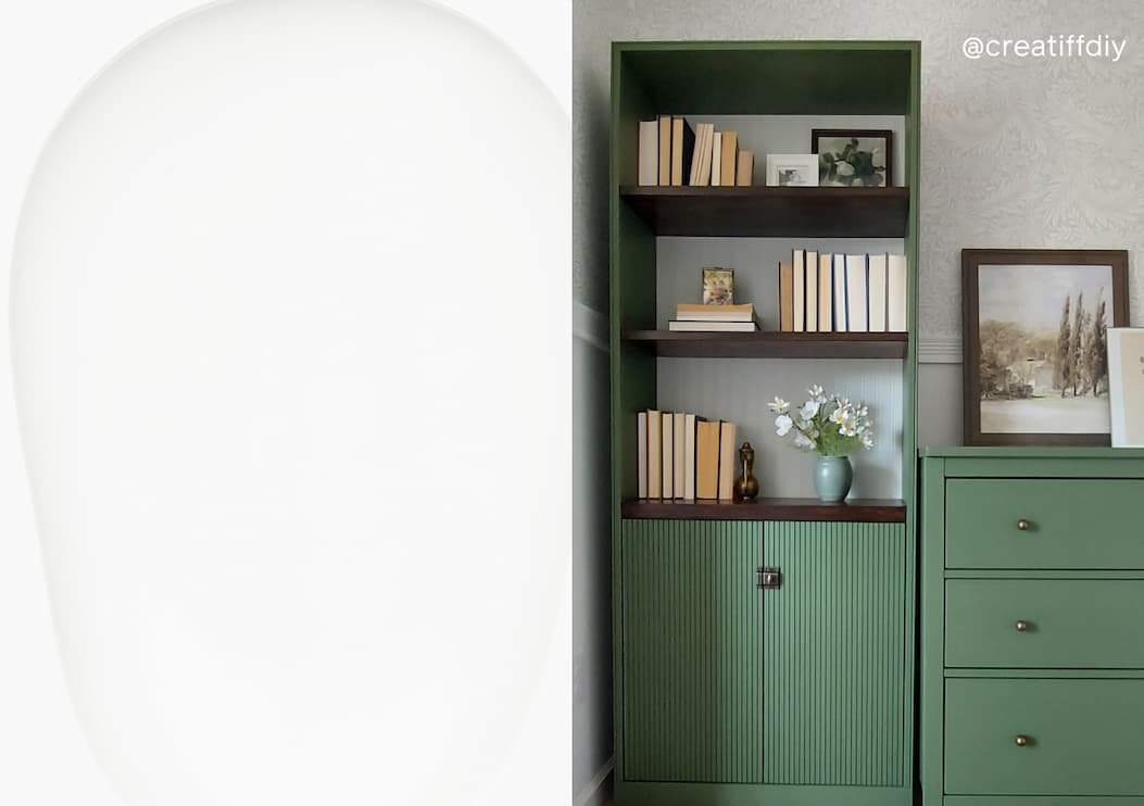 Wall behind bookcase is painted Snow Day