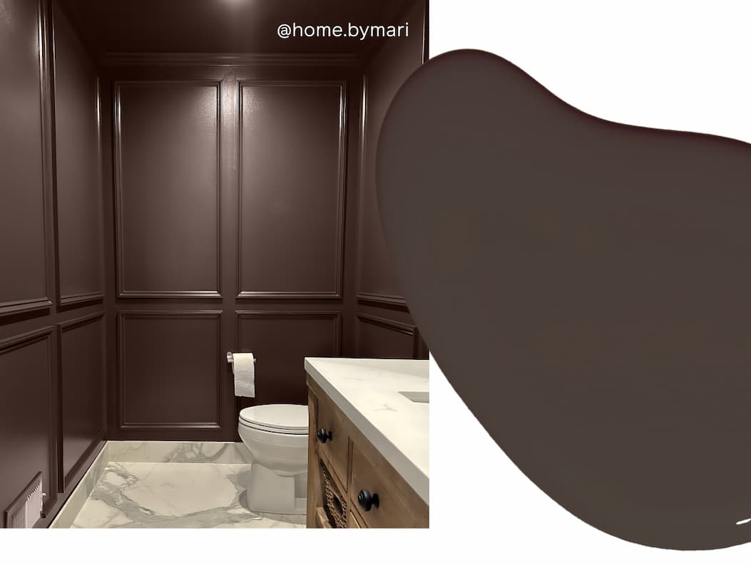 Powder room color drenched in Coffee Date