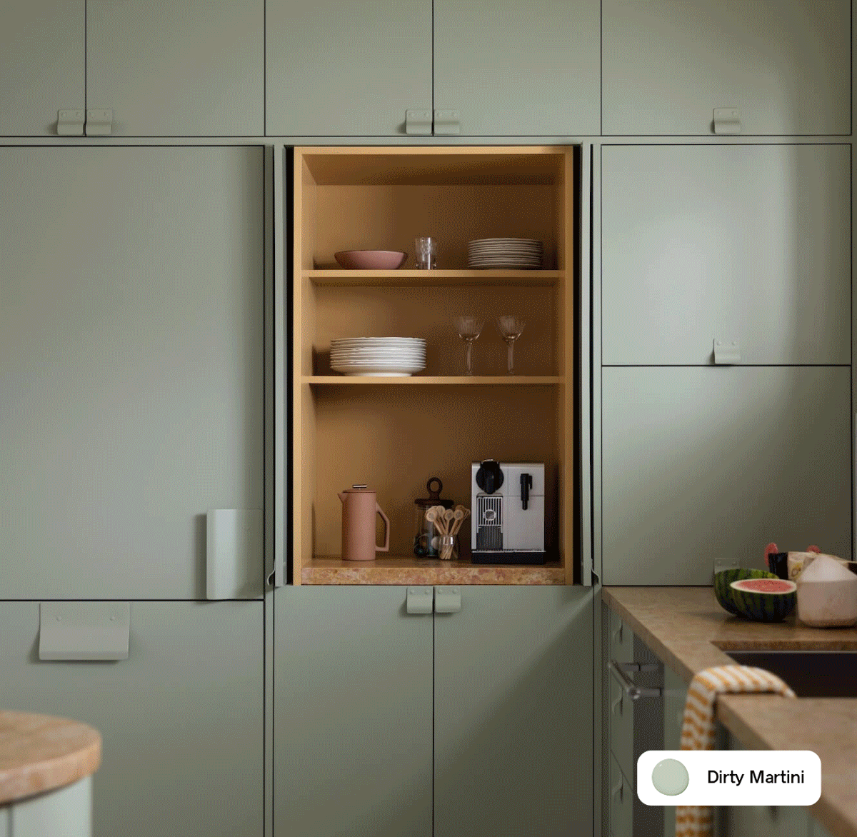 Gif of Clare painted spaces featuring Dirty Martini, Dirty Chai, Grayish and Wing It