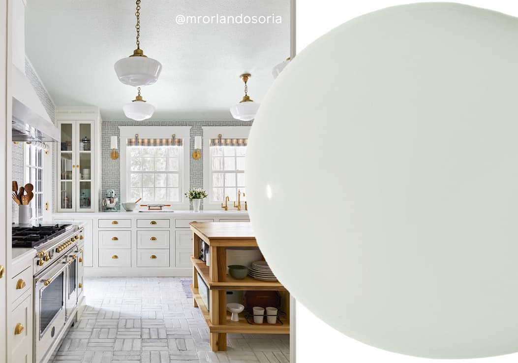 Kitchen ceiling painted with Rain Check