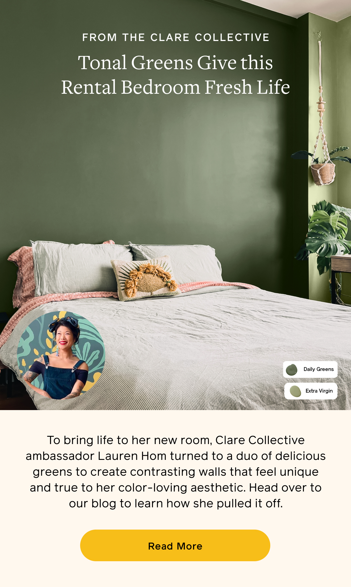 From the Clare Collective. Tonal Greens Give this Rental Bedroom Fresh Life