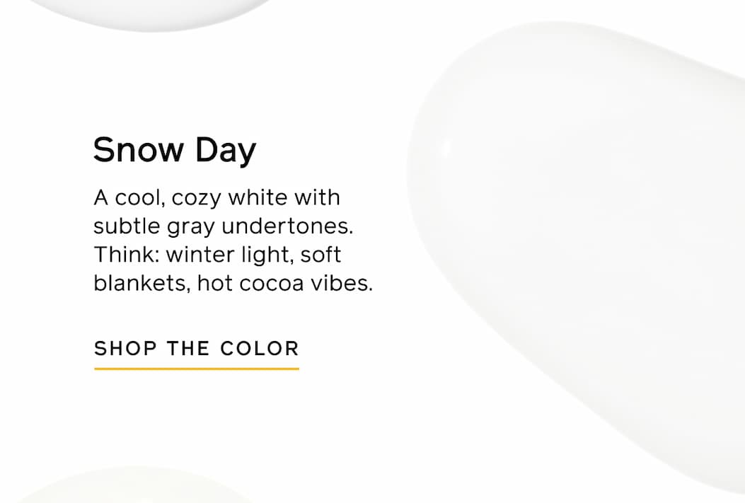 Snow Day. A cool, cozy white with subtle gray undertones. Think: winter light, soft blankets, hot cocoa vibes. SHOP THE COLOR