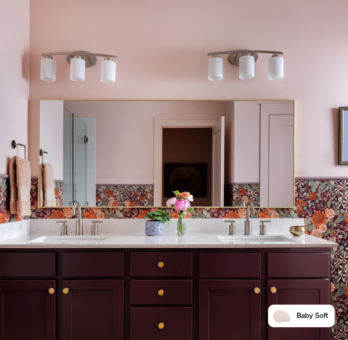 Bathroom painted in Baby Soft and kitchen featuring Nairobi Blue cabinets Bathroom painted in Baby Soft and kitchen featuring Nairobi Blue cabinets