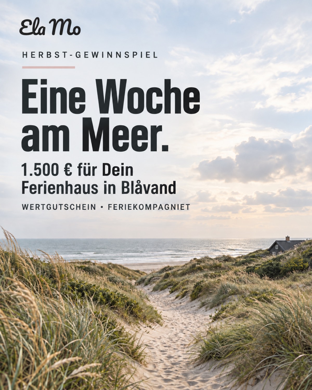 Eine Woche am Meer. 1.500 € für Dein Ferienhaus in Blåvand. Wertgutschein Feriekompagniet. KI-Stimmungsbild einer Küste mit Dünen.