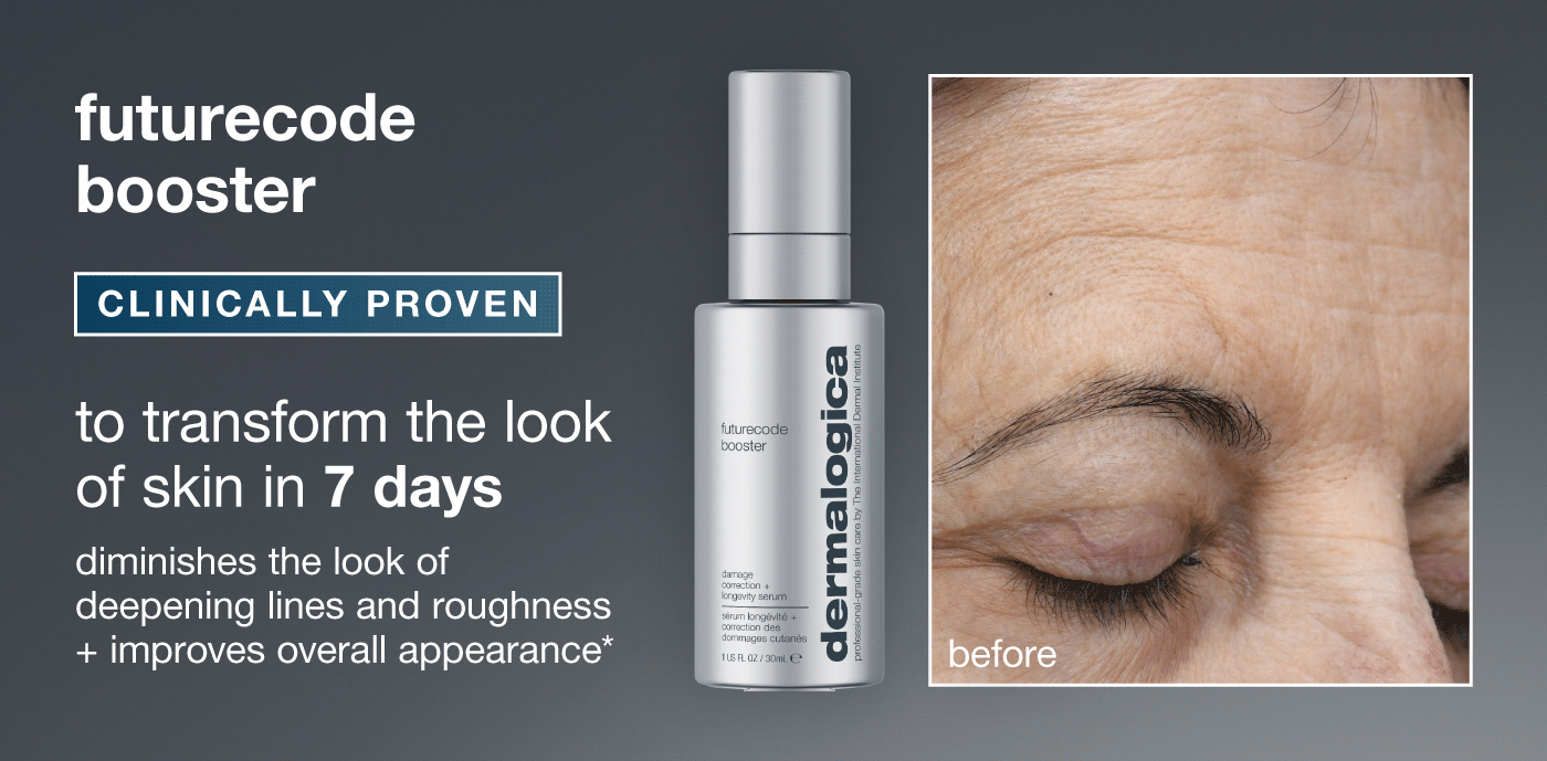 futurecode booster | clinically proven to transform the look of skin in 7 days | diminihses the looks of deepening lines and roughness + improve overall appearance * | before | after 1 week